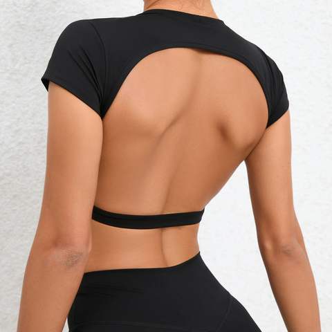 WOMEN ROUND NECK SHORT SLEEVES BACKLESS TOP